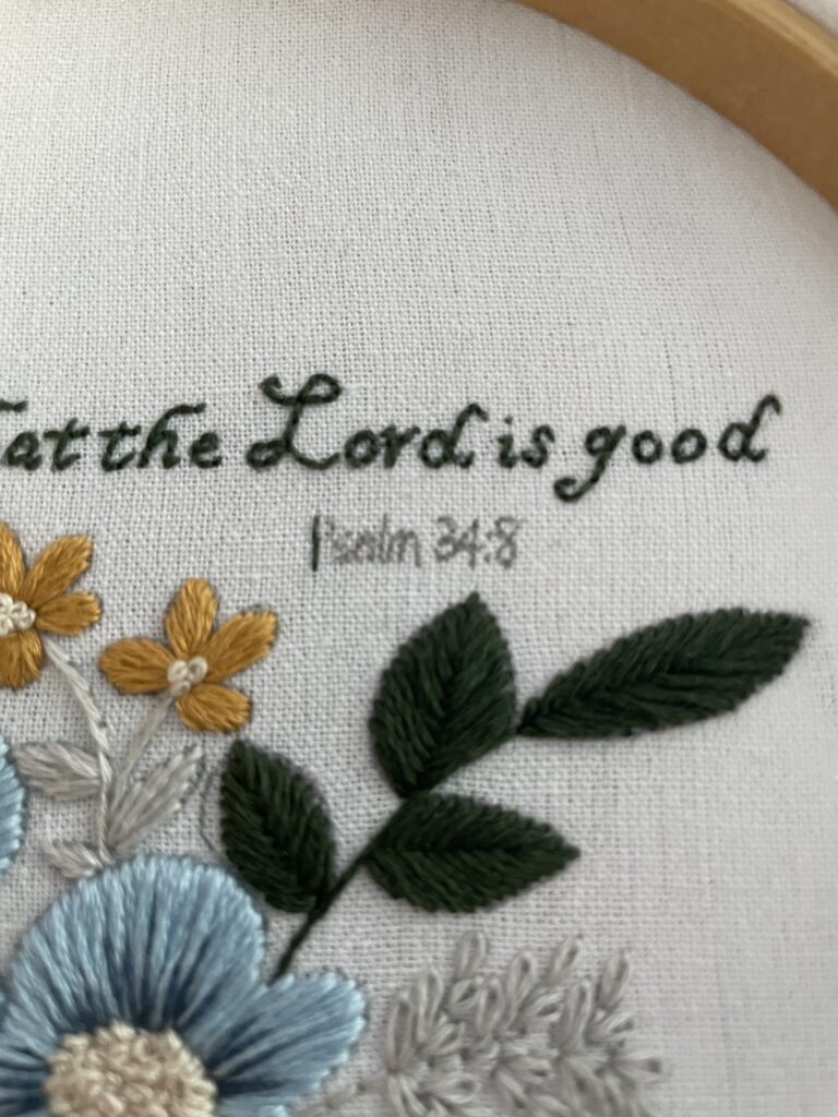 Pattern showing that the next step is to fill in the scripture Psalm 34:8 embroidery stitch.